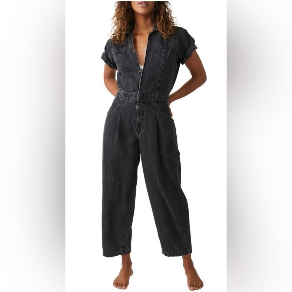 Free People Marla Washed Black Denim Jumpsuit Barrel leg